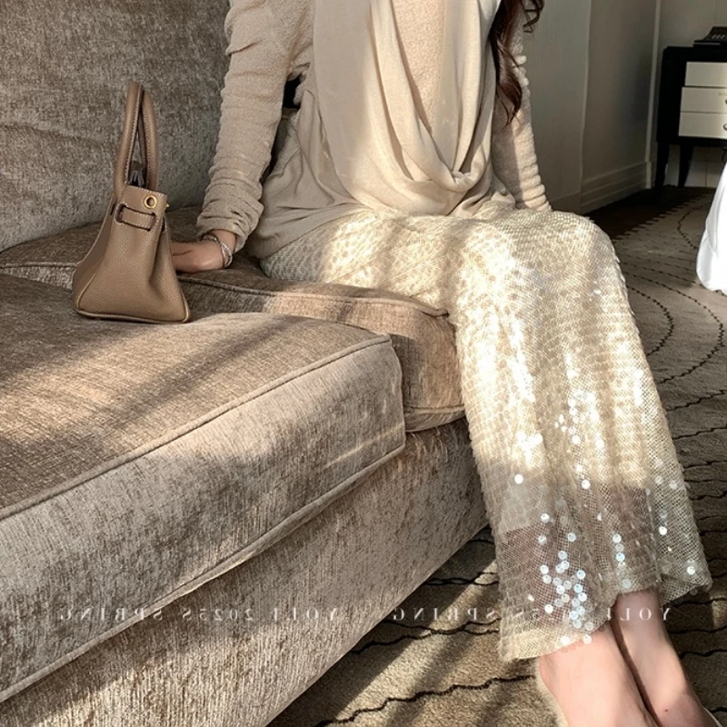 YOLI 张宥利"鎏金絮语"浅卡其亮片半身裙女秋季修身显瘦包臀裙子