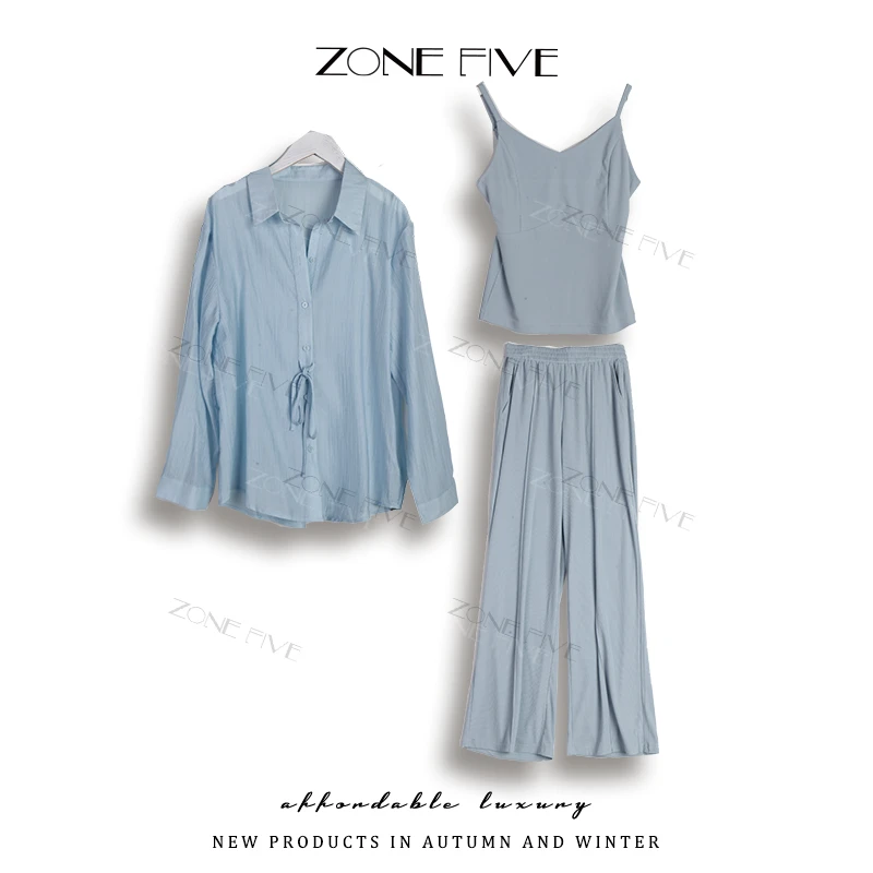【zonefive】2025夏款气质飘带衬衫背心长裤三件套2551191