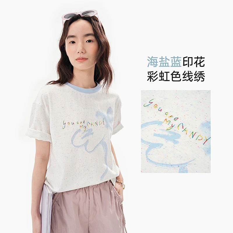 飞鸟和新酒白色印花短袖T恤女夏宽松短款纯棉圆领上衣FD530091069