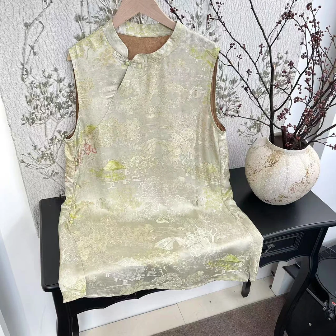 【亭台楼阁-奥黛】无袖薄款立领上衣女长款夏季时尚背心裙