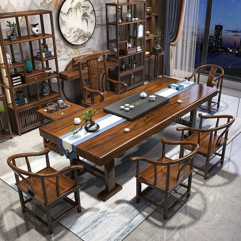 高端实木大板桌椅茶桌组合一桌五椅中式  家用一体一整套泡茶茶几