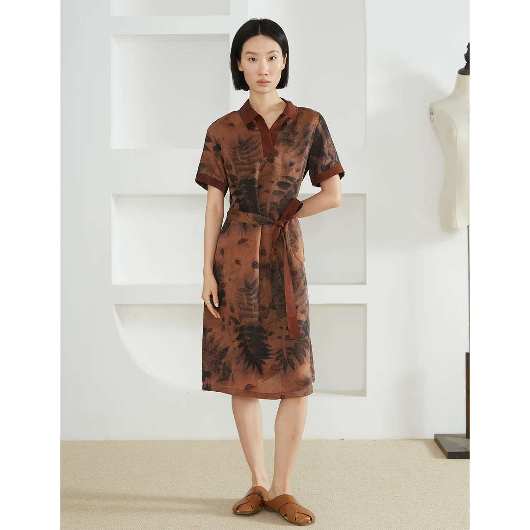 SILVIYE 重磅香云纱印花真丝100桑蚕丝新中式短袖连衣裙LQ52109