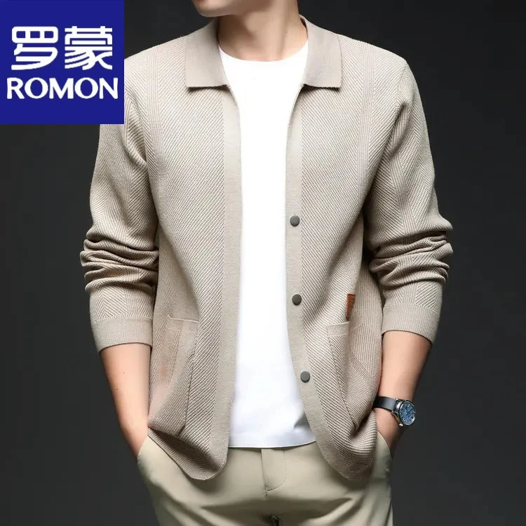 罗蒙高档秋季新款男士纯色针织开衫中青年商务绅士百搭毛衣外套男