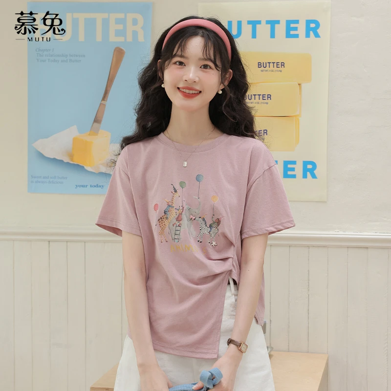 【小铃铛】TU27381甜美卡通印花短袖t恤设计感小众宽松开叉上衣