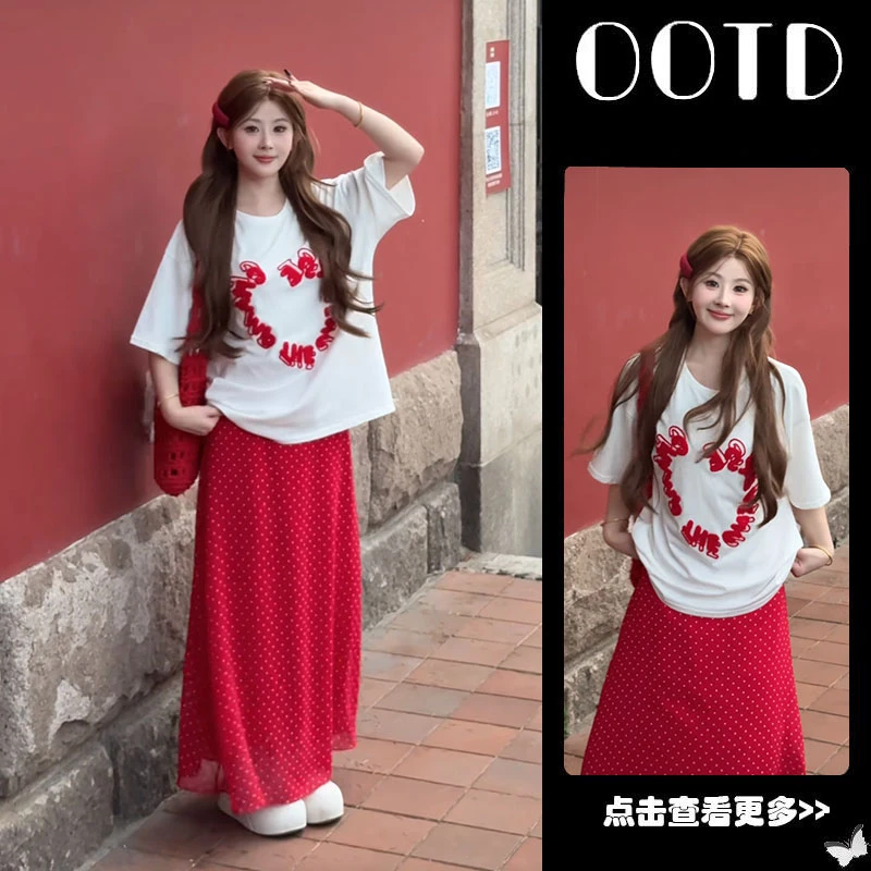 夏季流行穿搭一整套女2025新款韩版白色宽松T恤波点半身裙两件套