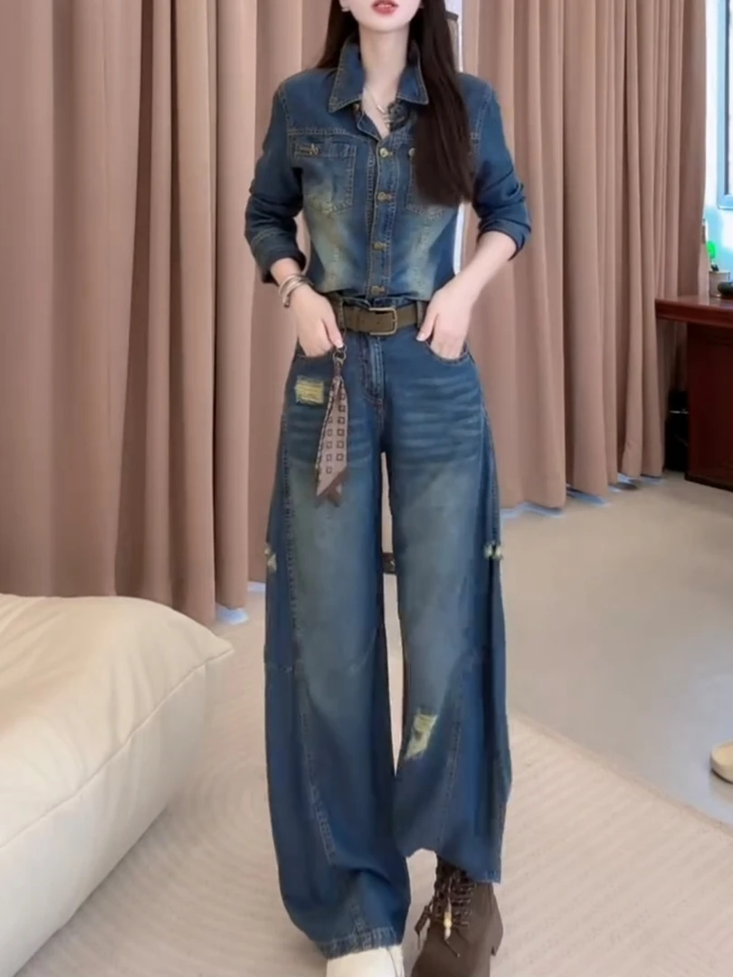 秋季新款牛仔套装长袖翻领时尚洋气衬衫外套显瘦弯刀阔腿牛仔长裤