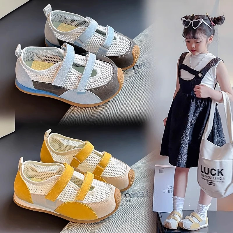 ABC女童休闲学院风网面透气运动鞋2025春夏新款网鞋包头运动凉鞋