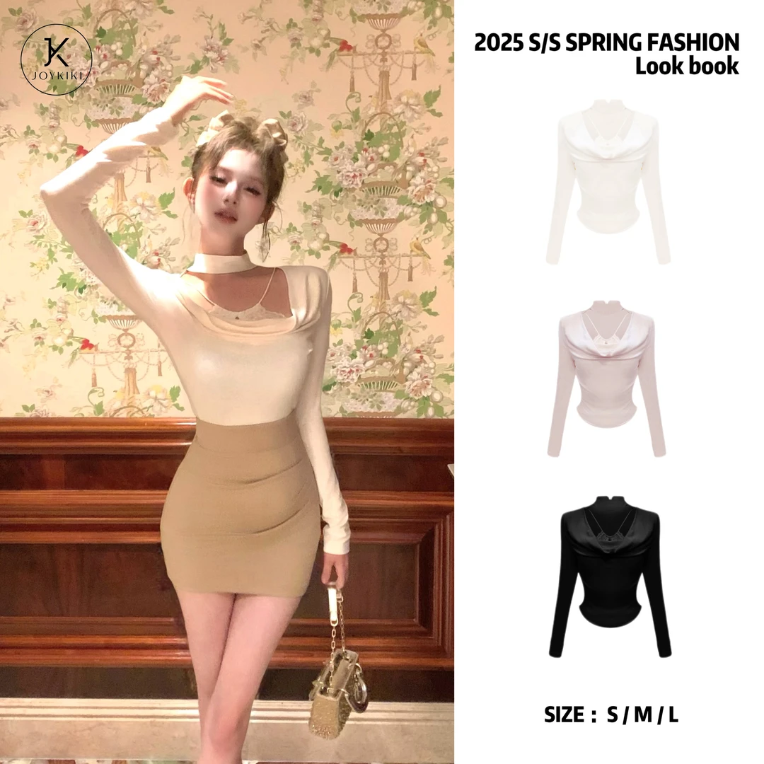 JOY KIKI金金【韩系女主】春季纯欲挂脖拼接蕾丝假两件上衣J25A163