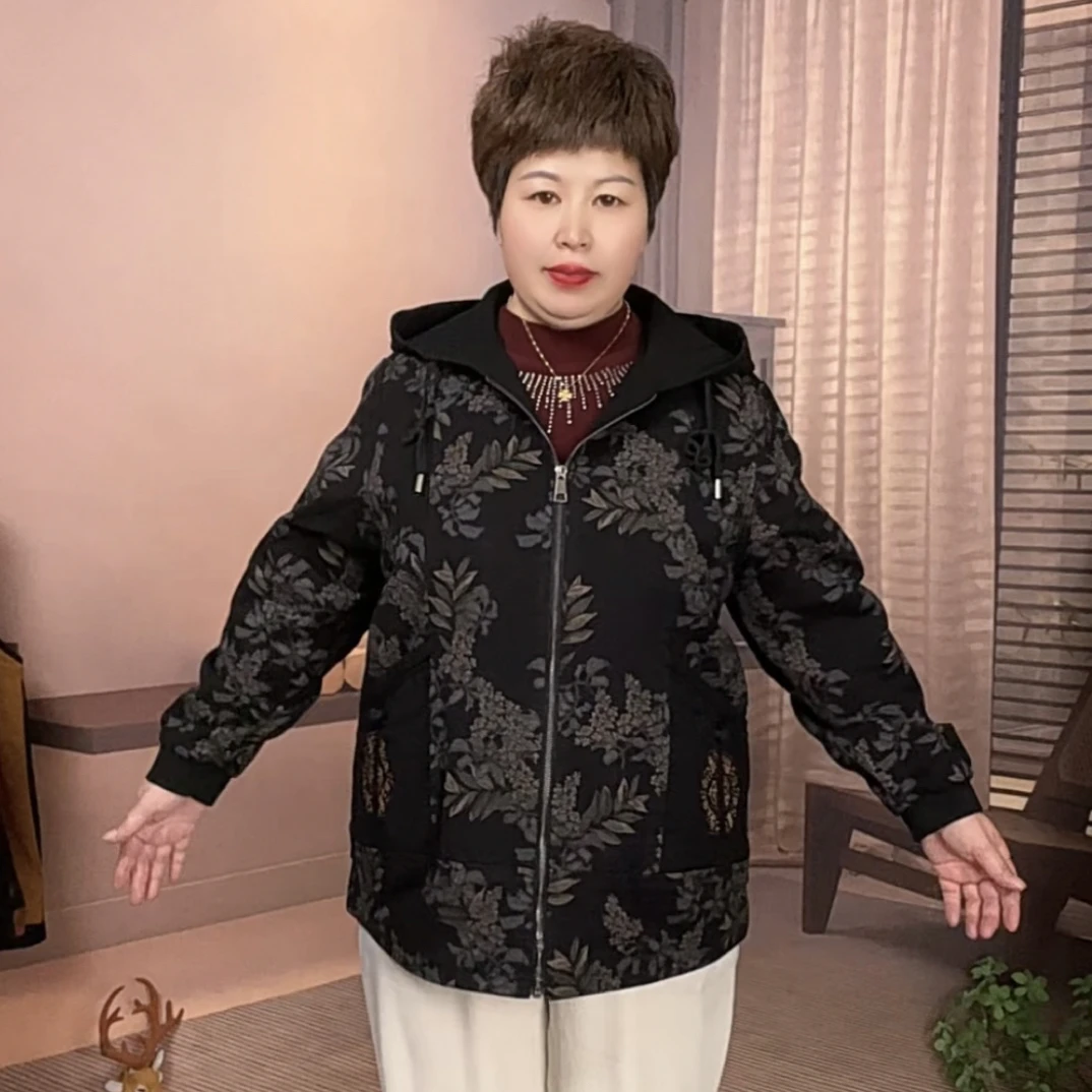 40-50岁大码妈妈秋装衣服 春秋洋气连帽外套宽松印花中老年时髦女