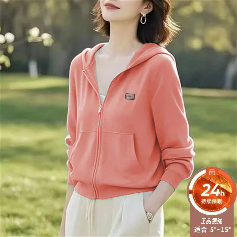 冬季保暖双面德绒连帽纯色开衫时尚气质妈妈宽松百搭大码拉链外套