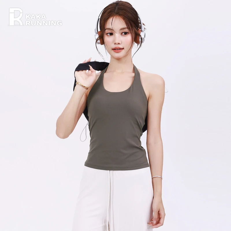 奔跑吧卡卡固定杯运动内衣女挂脖性感无袖露背瑜伽健身普拉提背心