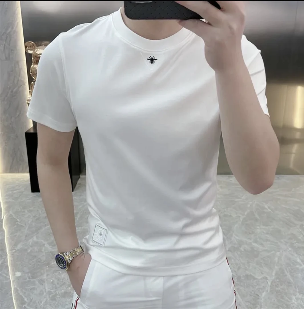 夏季新款欧货男士圆领纯棉短袖轻奢简约百搭痞帅刺绣T恤男半袖潮