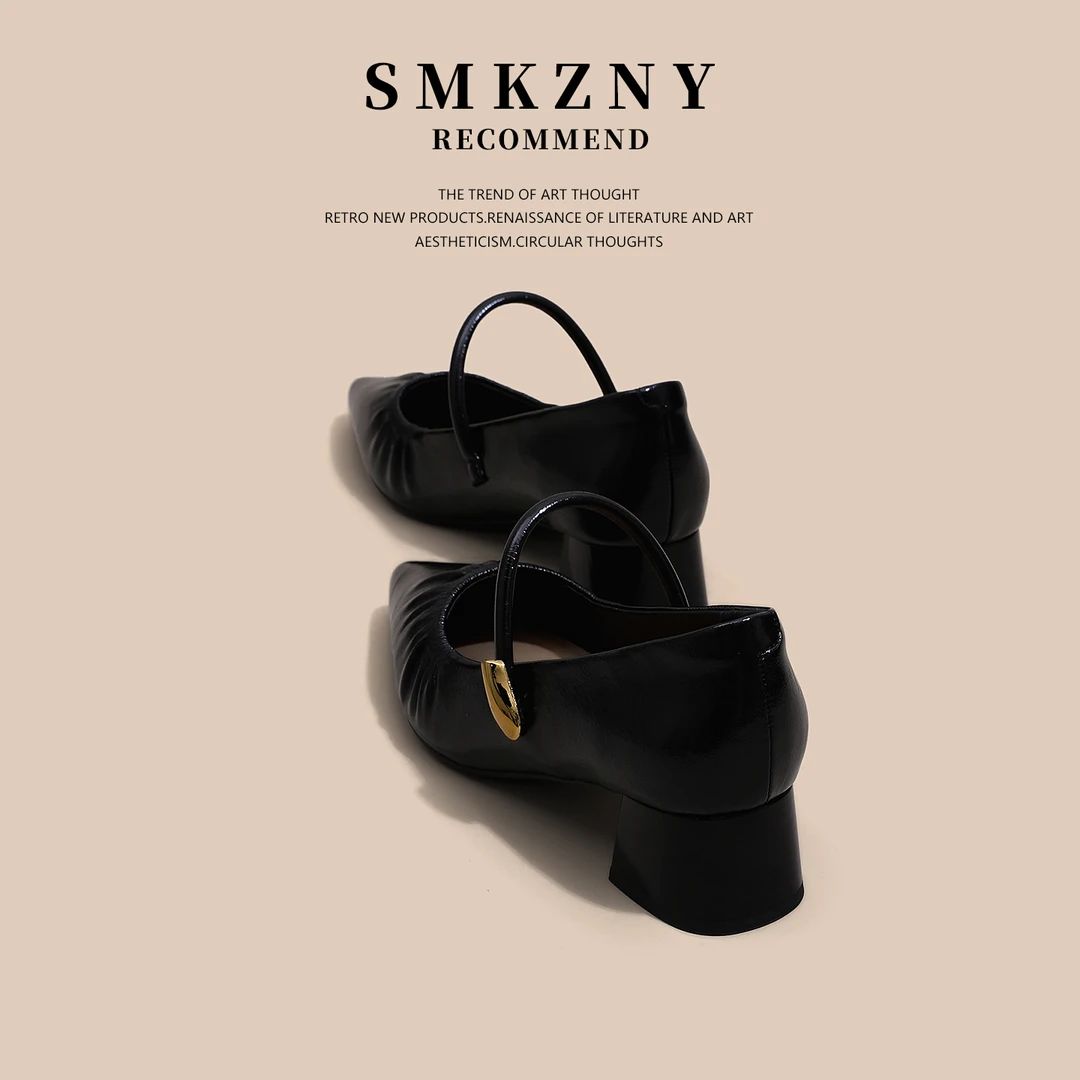 法式复古尖头粗跟单鞋女鞋2025新款春秋季浅口时尚高跟鞋子78-27