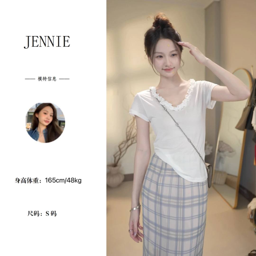 韩系V领木耳花边拼接夏季短袖减龄显瘦通勤纯色透感T恤上衣