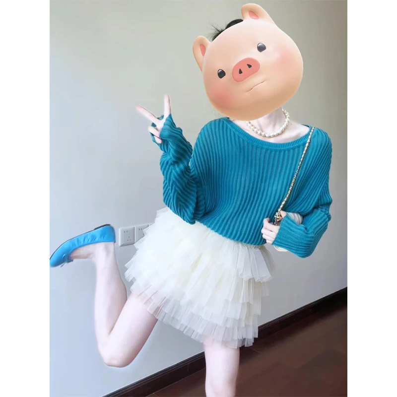 坑条慵懒毛衣宽松显瘦镂空上衣清冷芭蕾风奶杏蓬蓬蛋糕纱裙半身裙