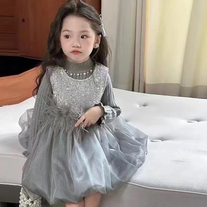 现DM儿童冬季新款年款时髦加绒鸵鸟毛公主礼服裙子7301女童洋气