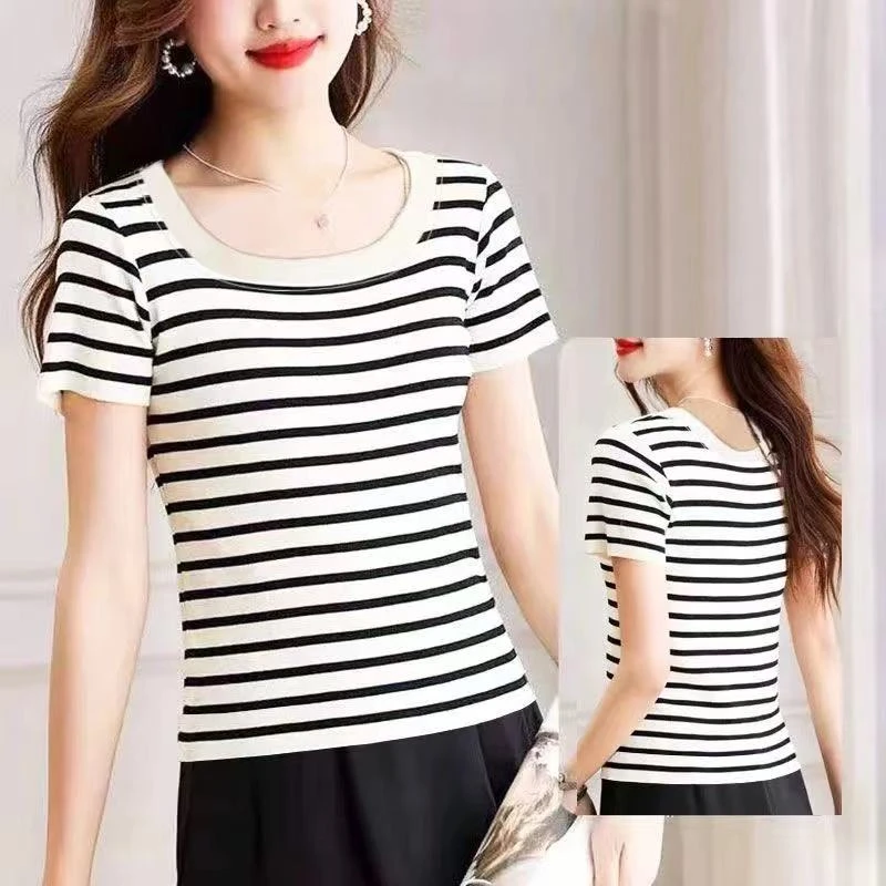 韩版法式U领条纹冰丝短袖百搭T恤修身显瘦大码上衣