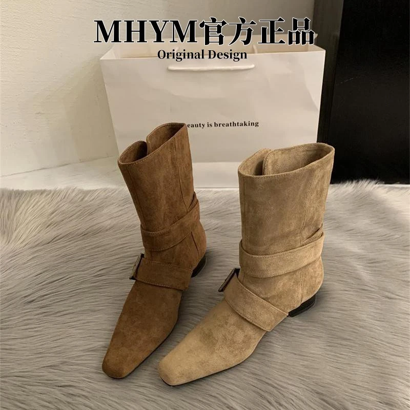 2025韩版新款小众设计复古法式短靴小方头西部靴麂皮中筒靴女靴子