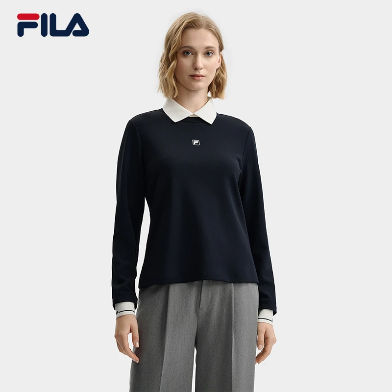 Fila/斐乐针织拼色长袖套头款圆领polo衫上衣女款套头F11W544203F