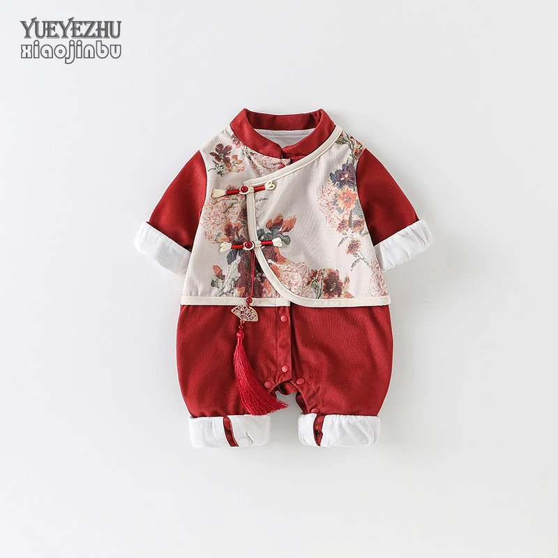 满月婴儿衣服春秋外出宝宝百日宴连体衣秋装中国风喜庆周岁装礼服