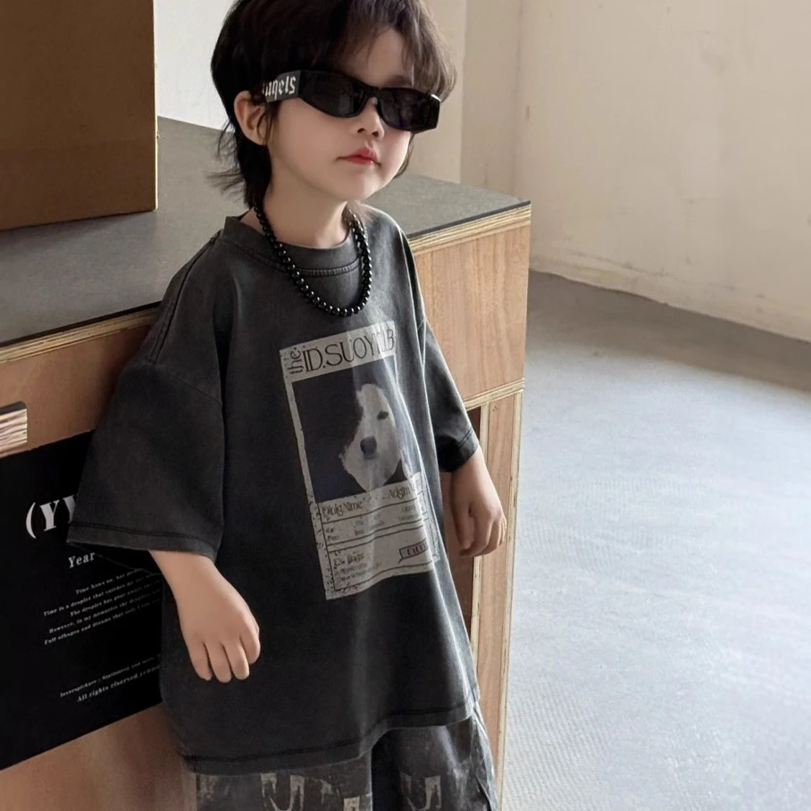 【T恤】2025年夏季童装儿童T恤短袖上衣炒色洋气半袖小童男宝宝做旧