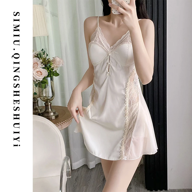 轻收腰丨性感睡衣女夏季新款家居吊带睡袍套装带胸垫纯欲大码显瘦