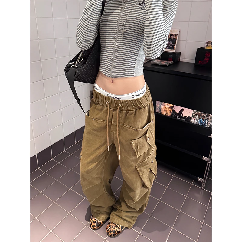 URKR美式复古多口袋褶皱工装裤男女宽松阔腿直筒街头长裤潮