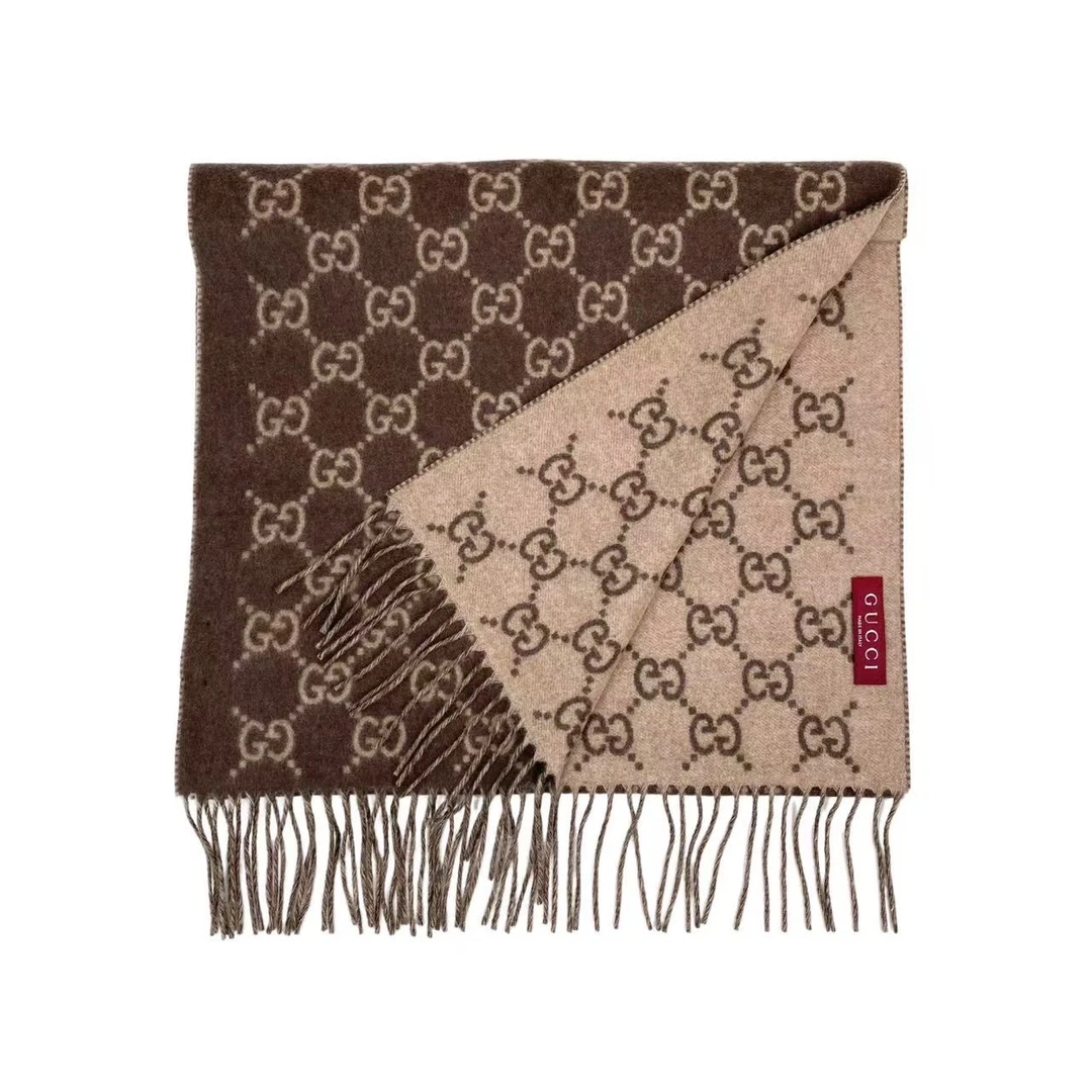 未使用 GUCCI/古驰 AA2982 山羊绒 24ss老花双面流苏围巾45×190cm