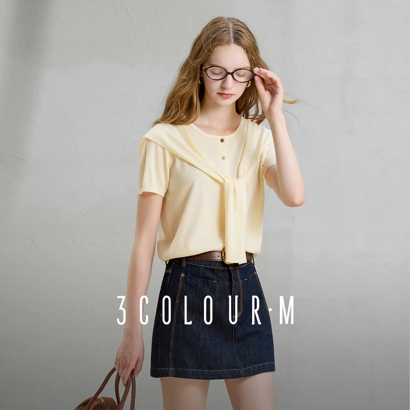 三彩2025夏秋季新款披肩针织衫圆领短袖毛衫开衫简约上衣女M