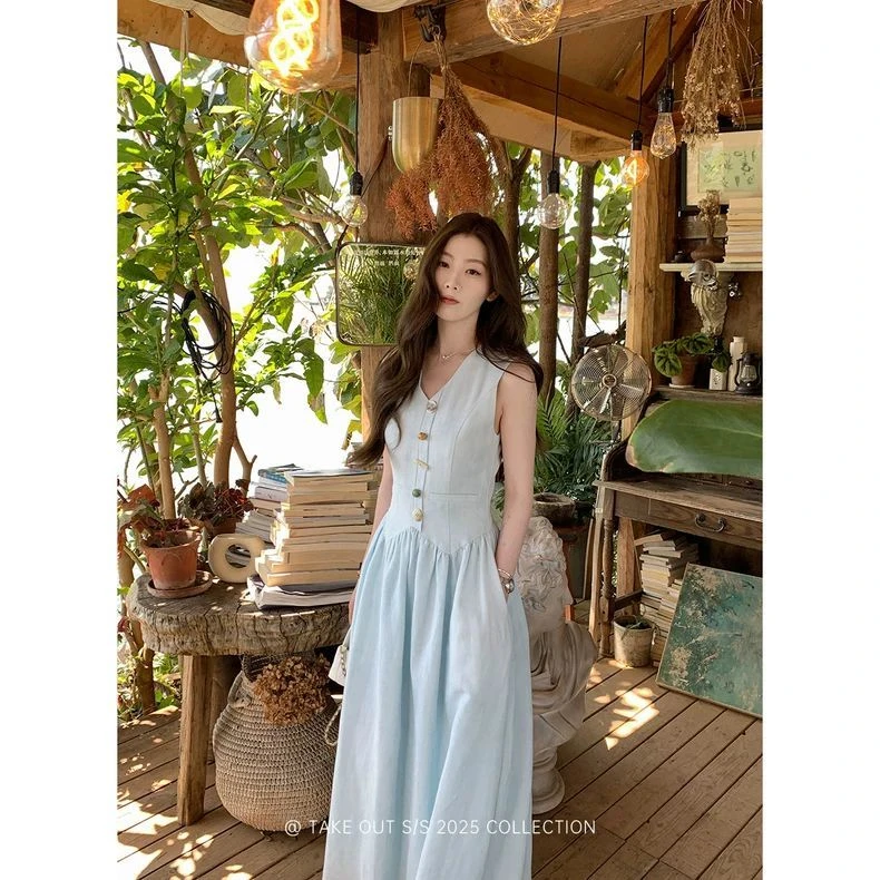 设计感「氧气奶蓝」小香感马甲背心连衣裙法式气质长裙女 25新款
