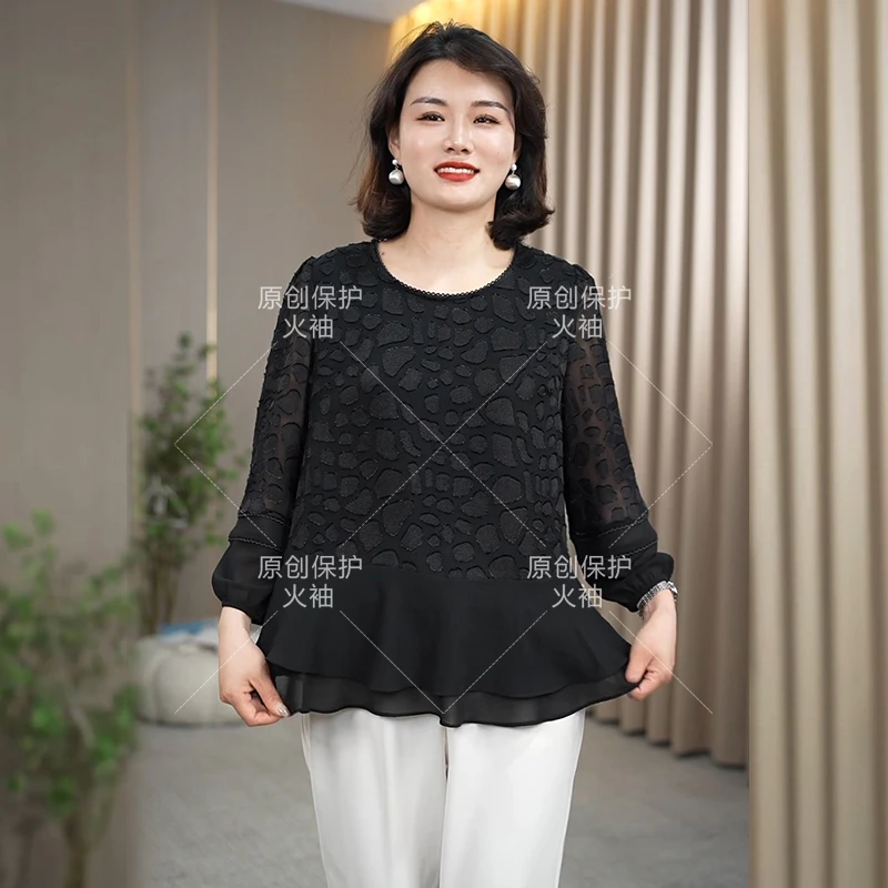 火袖F955中老年黑色提花上衣女2025春季新款高级感大码妈妈套头衫