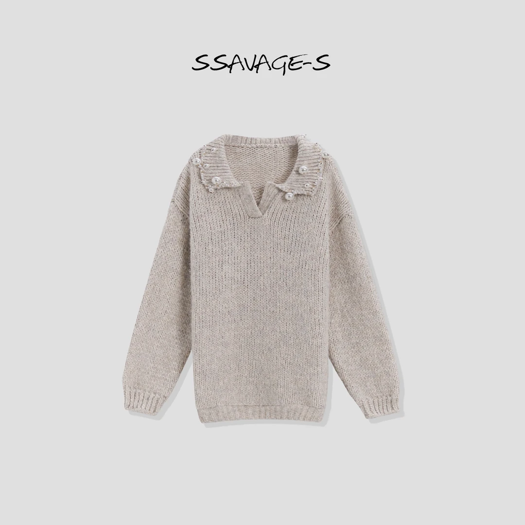 SSAVAGE“多瑙河”手工立体钉珠翻领针织毛衣上衣 SS90451