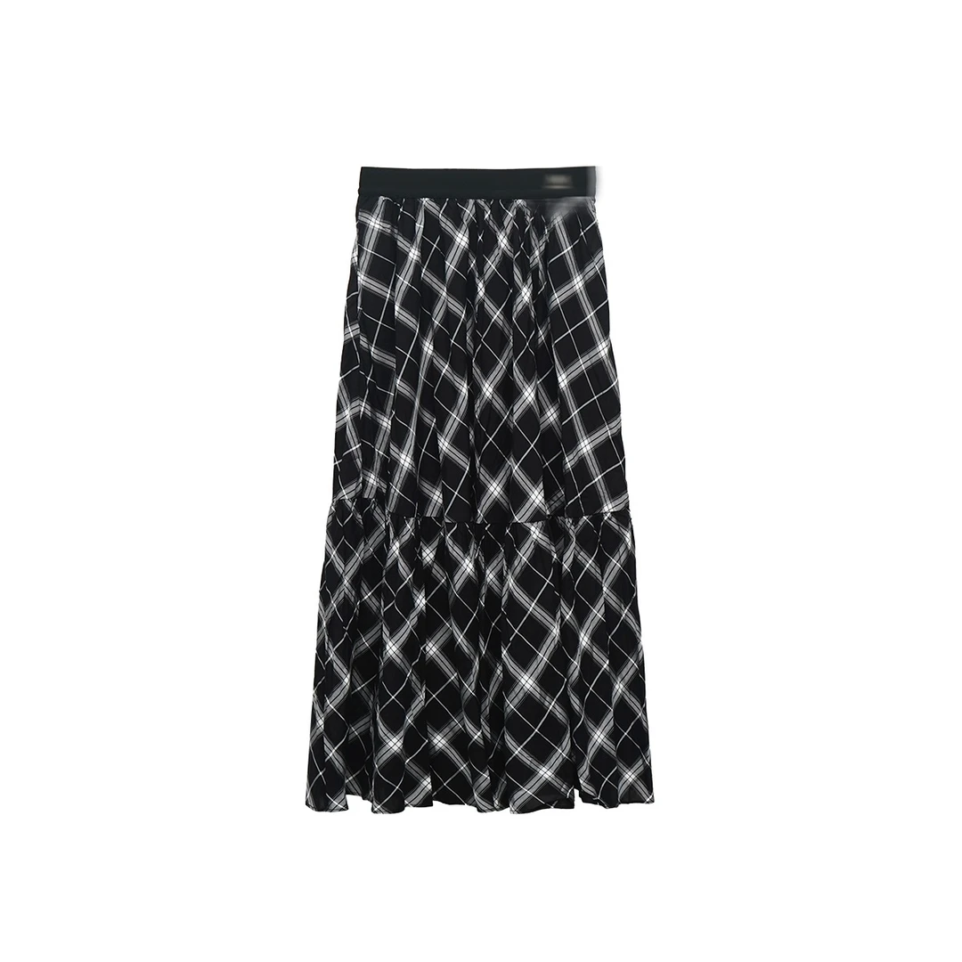 气质流苏肌理高腰裙傣族风格格纹高腰优雅半身裙港风op-82