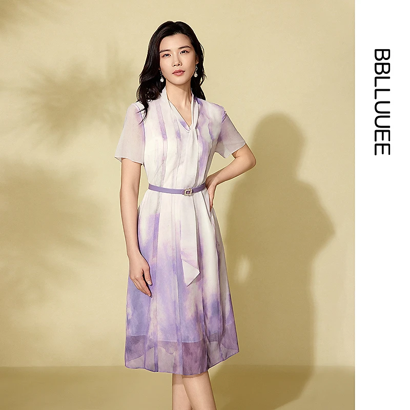 【紫霞绮梦】粉蓝衣橱2025春夏装新款东方感飘带印花短袖连衣裙女