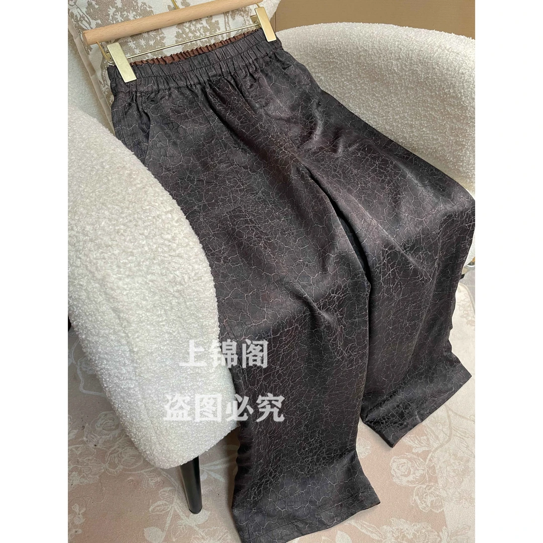 952新中式龟裂纹松紧腰阔腿裤时尚休闲百搭黑色中国风女裤