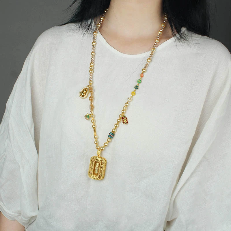 铜合金仿珍珠项链 国风金色仿珍珠水晶项链可拆卸链条高级感配饰