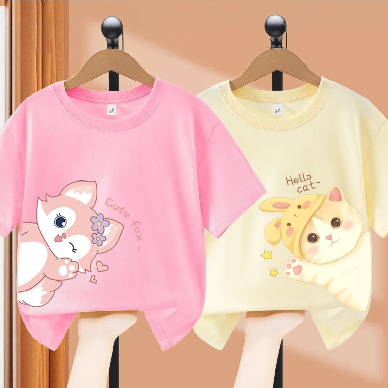 女童洋气t恤夏装小猫印花儿童宽松透气上衣小儿童服装宝宝夏季T恤