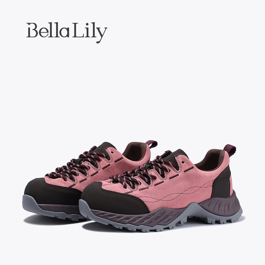 BellaLily2025冬新款粉色系带厚底运动鞋户外登山鞋磨砂皮休闲鞋