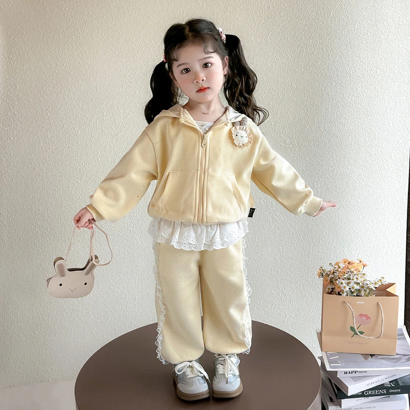 女童套装春秋款2025新款洋气女宝宝春季连帽衣服儿童春装网红炸街