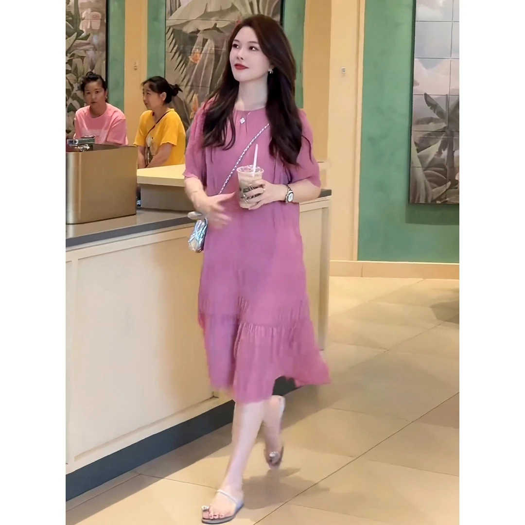 胖妹妹夏季新款法式宽松气质韩版中长款裙子微胖mm显瘦宽松连衣裙