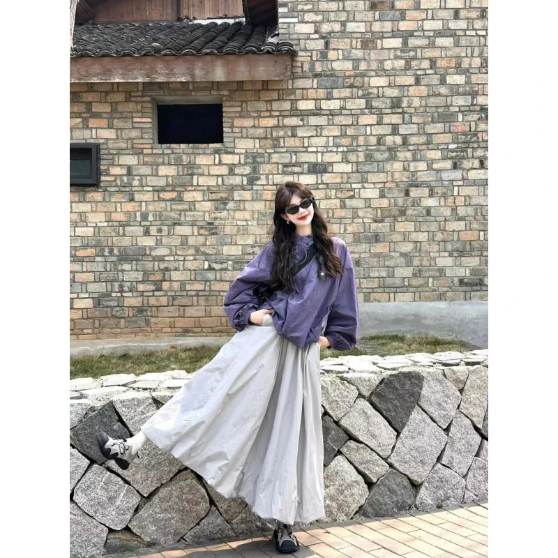 2025新款春季轻薄透气韩系休闲宽松外套女百搭休闲高腰半身裙套装