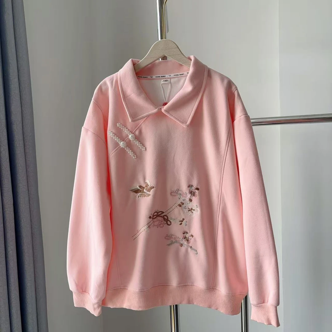 粉色女童国风polo领卫衣(尺码根据身高加大拍）