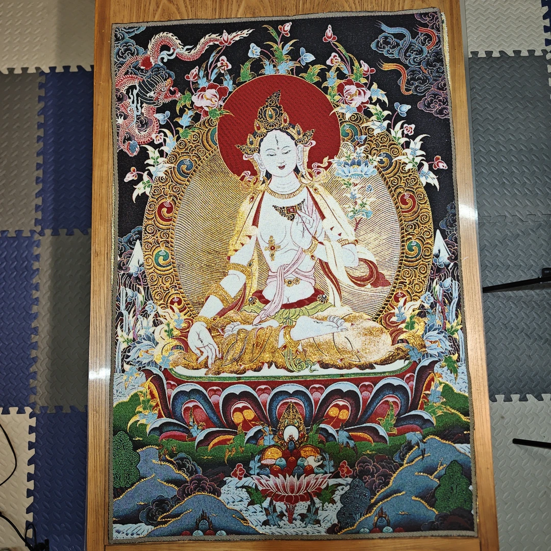 刺绣白度母装饰画实木挂轴装裱办公室茶室玄关书房客厅背景挂画