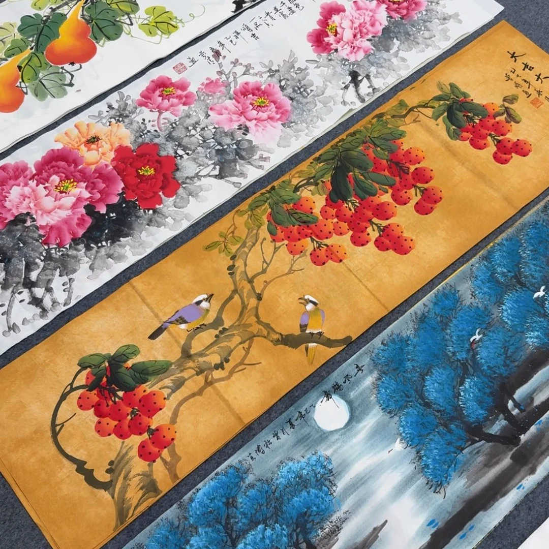 国画四尺对开35X140纯手绘作品