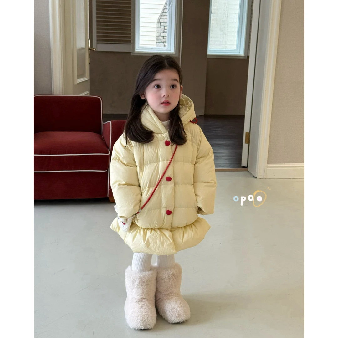 Opao正品！25冬女宝宝甜美单排爱心扣中长款90白鸭绒羽绒服8029