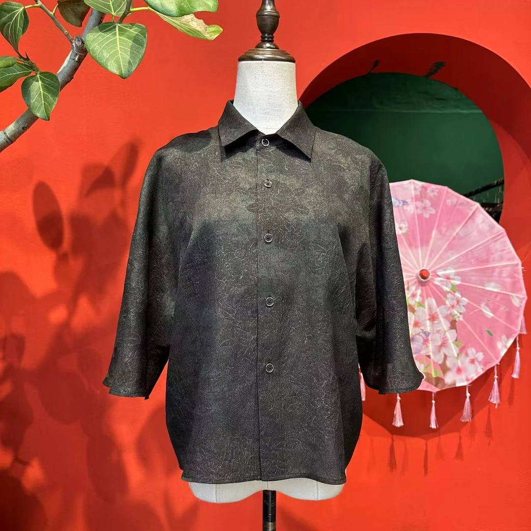 艾可原创 衬衫 提花三经绞罗 香云纱 长55起