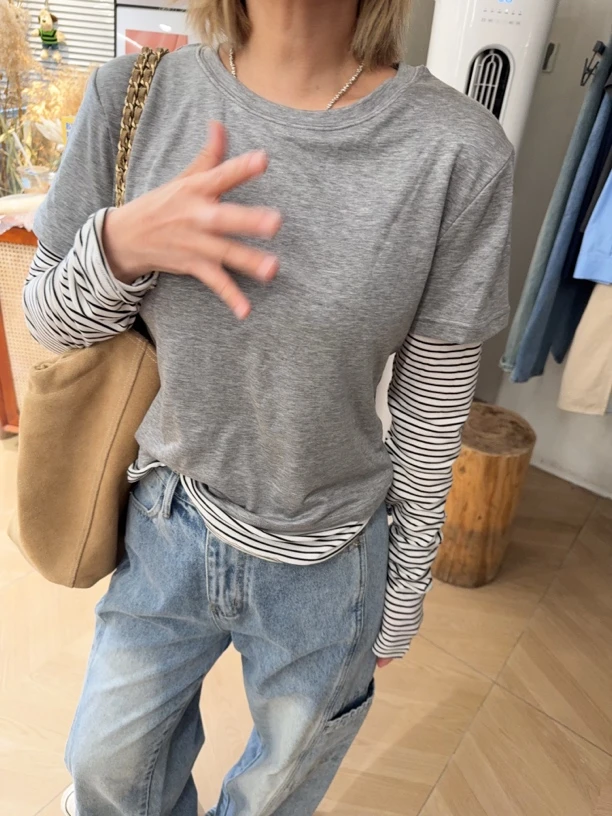 韩国假两件条纹长袖圆领T恤百条丝打底衫韩版