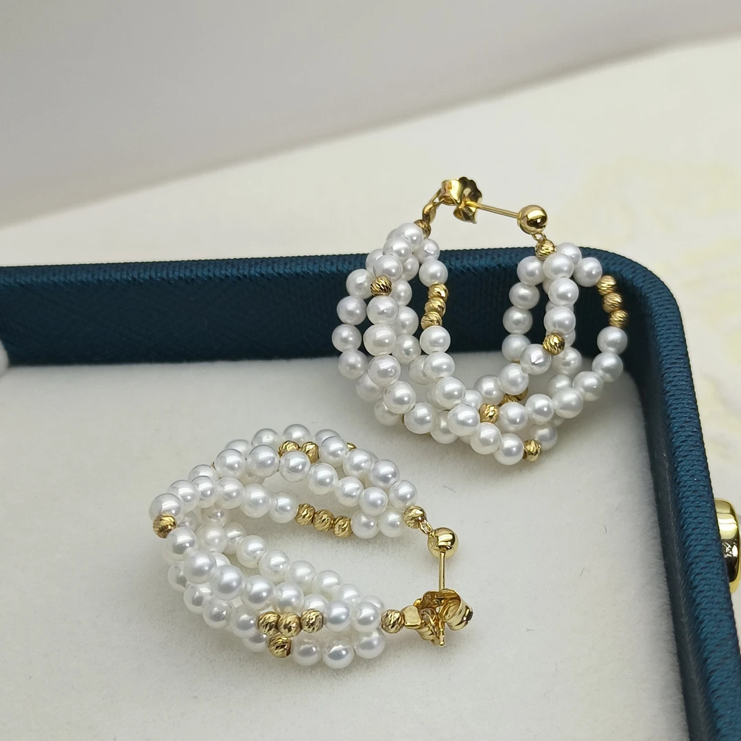 【瑞米珍珠】淡水珍珠4圈珍珠隔刻面珠18k耳钉2-3mm