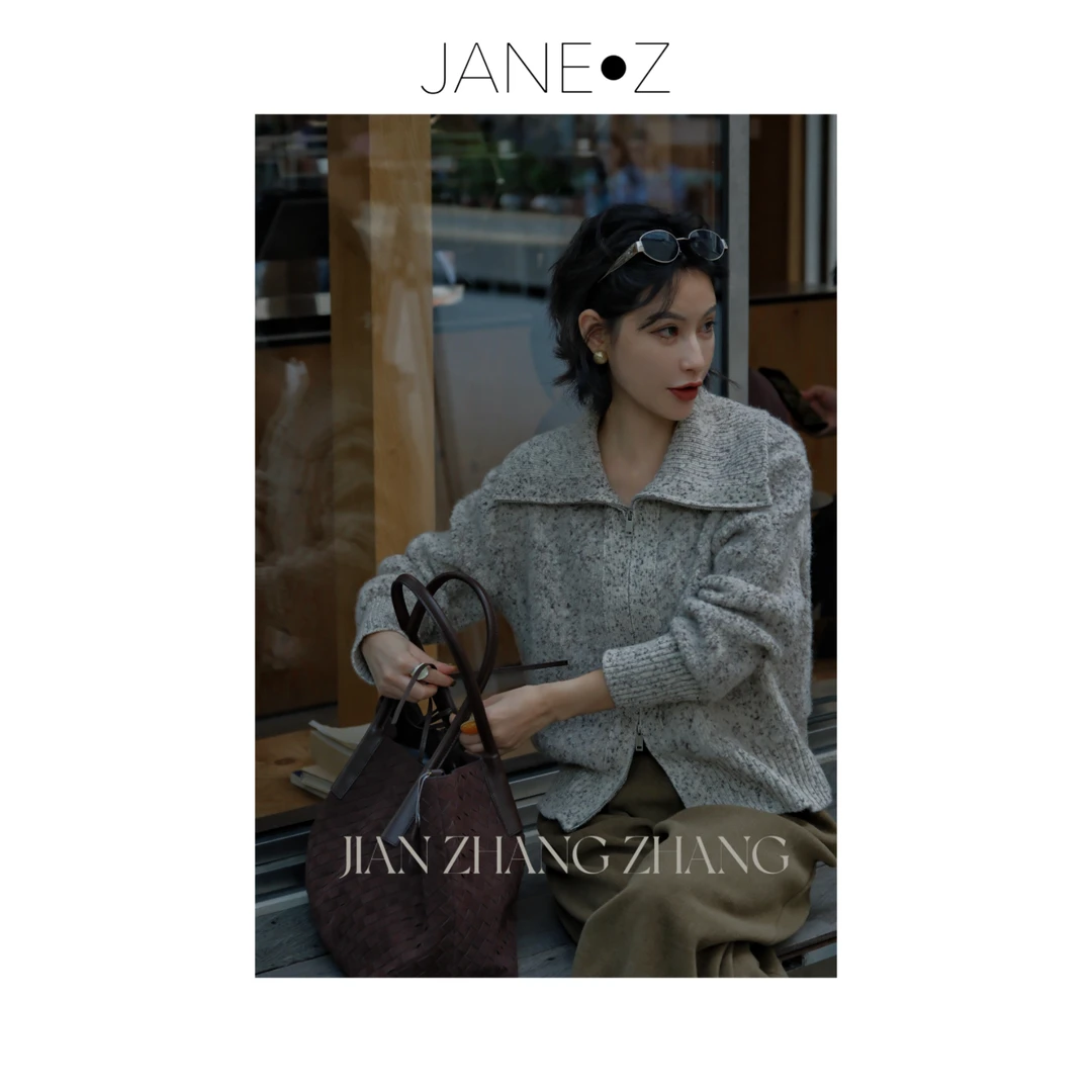 【耶加雪菲】100%绵羊毛双拉链翻领设计感花纱羊毛开衫外套JZ9173