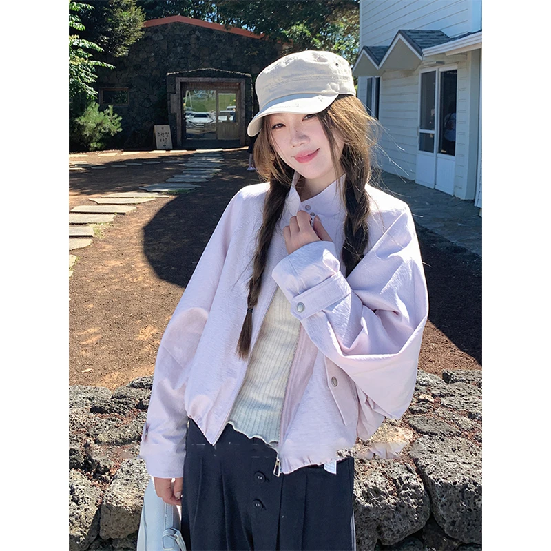 少女感粉色短款外套女秋季2025新款韩系宽松休闲百搭机车夹克上衣